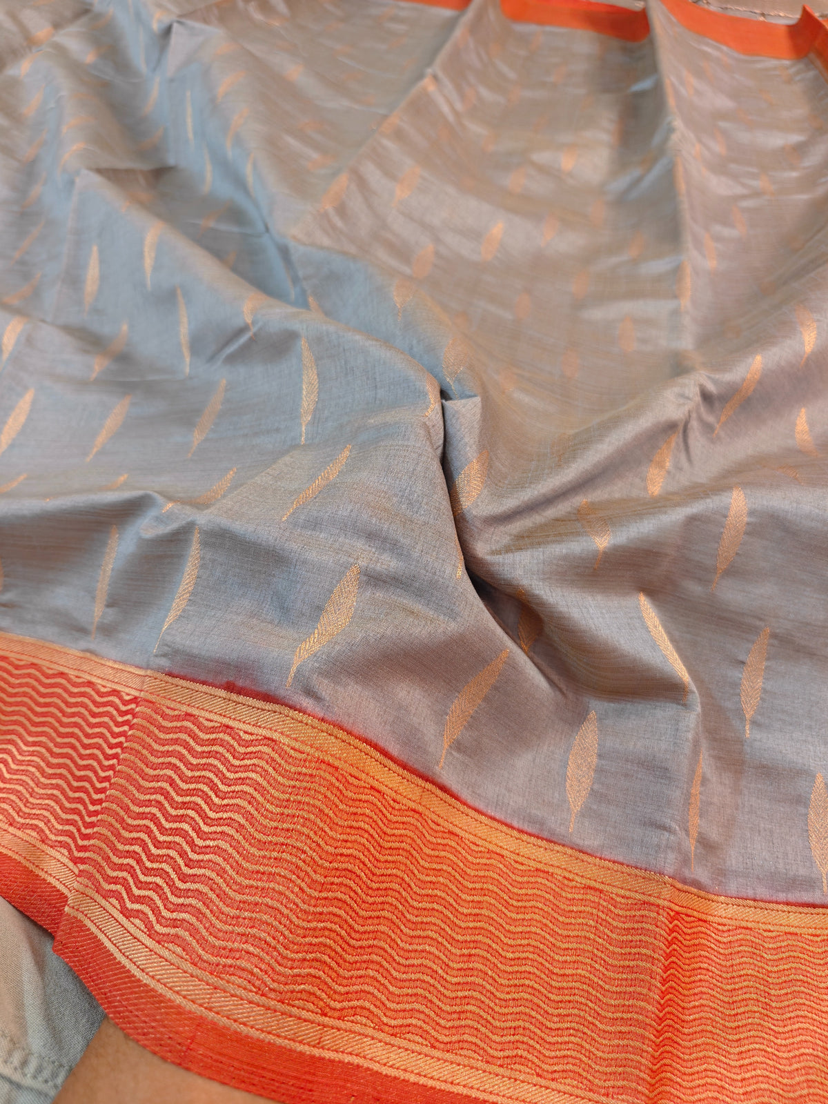 TUSSAR SILK SAREE ORANGE WITH GOLDEN MOTIFS RUST ORANGE BORDER