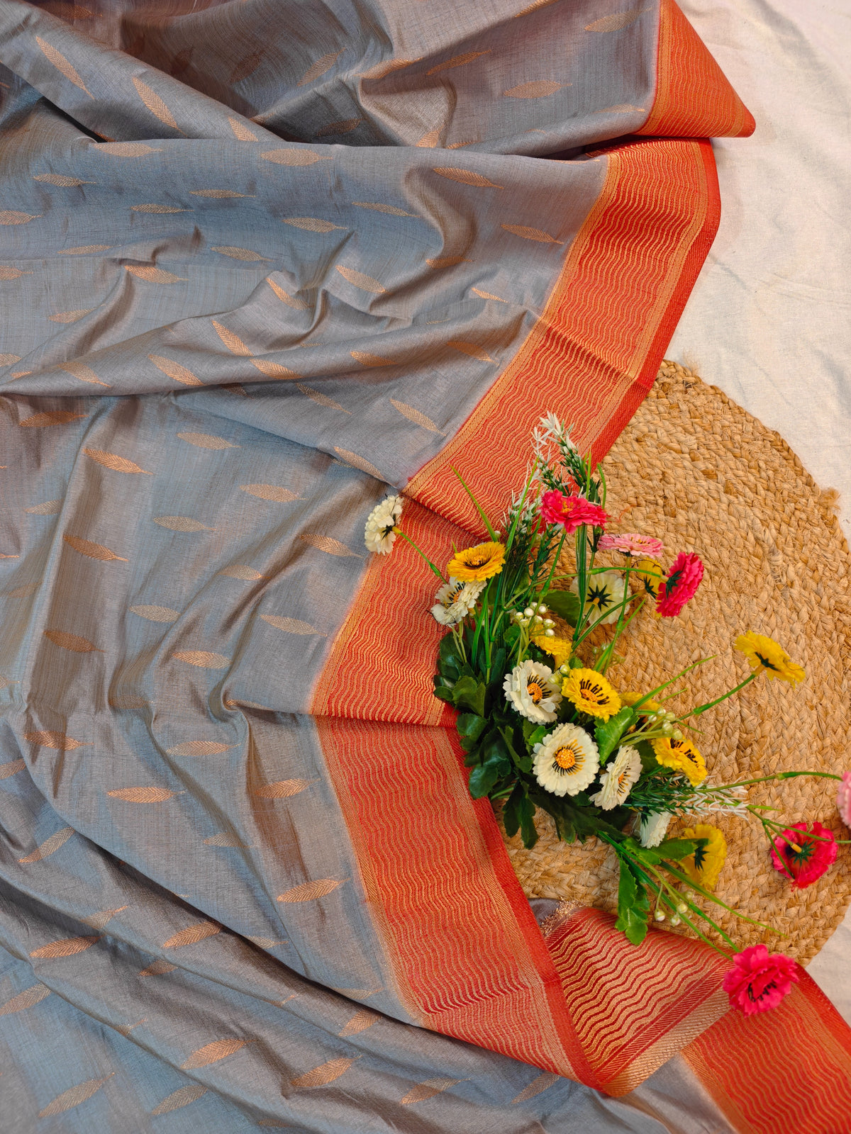 TUSSAR SILK SAREE ORANGE WITH GOLDEN MOTIFS RUST ORANGE BORDER