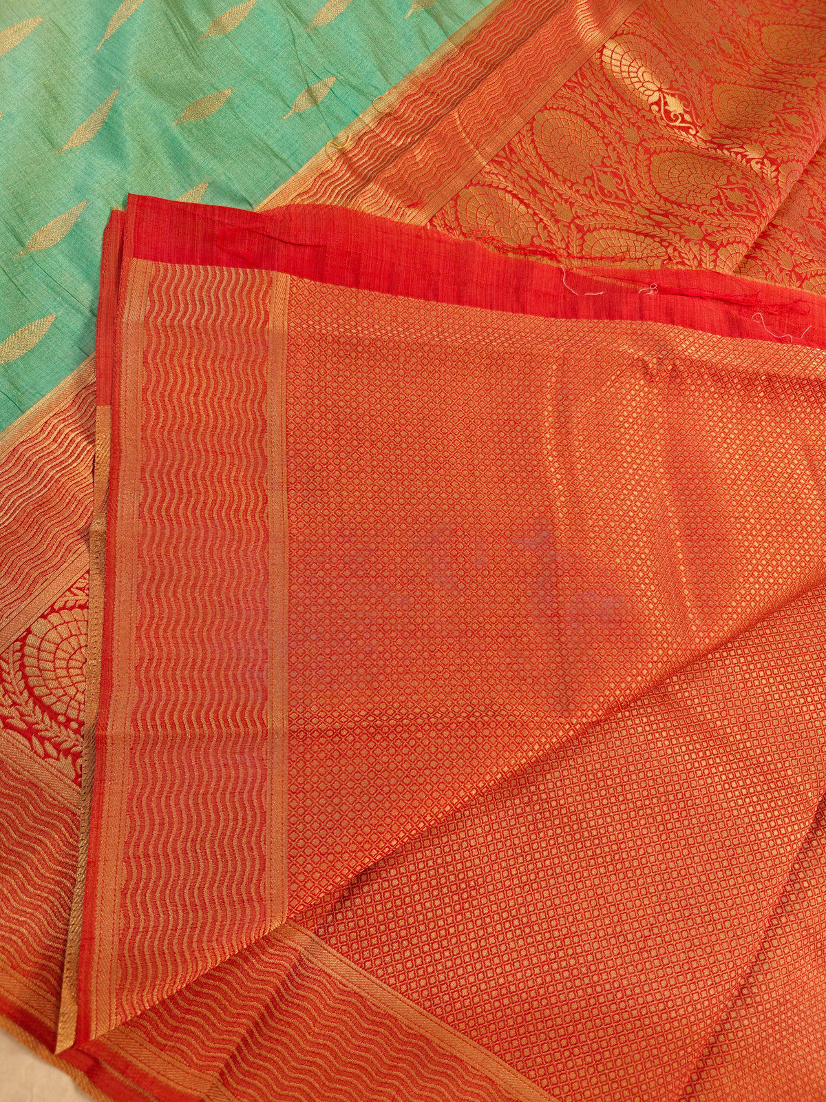 TUSSAR SILK MINT SEA-GREEN WITH GOLDEN ZARI VIBRANT ORANGE BORDER