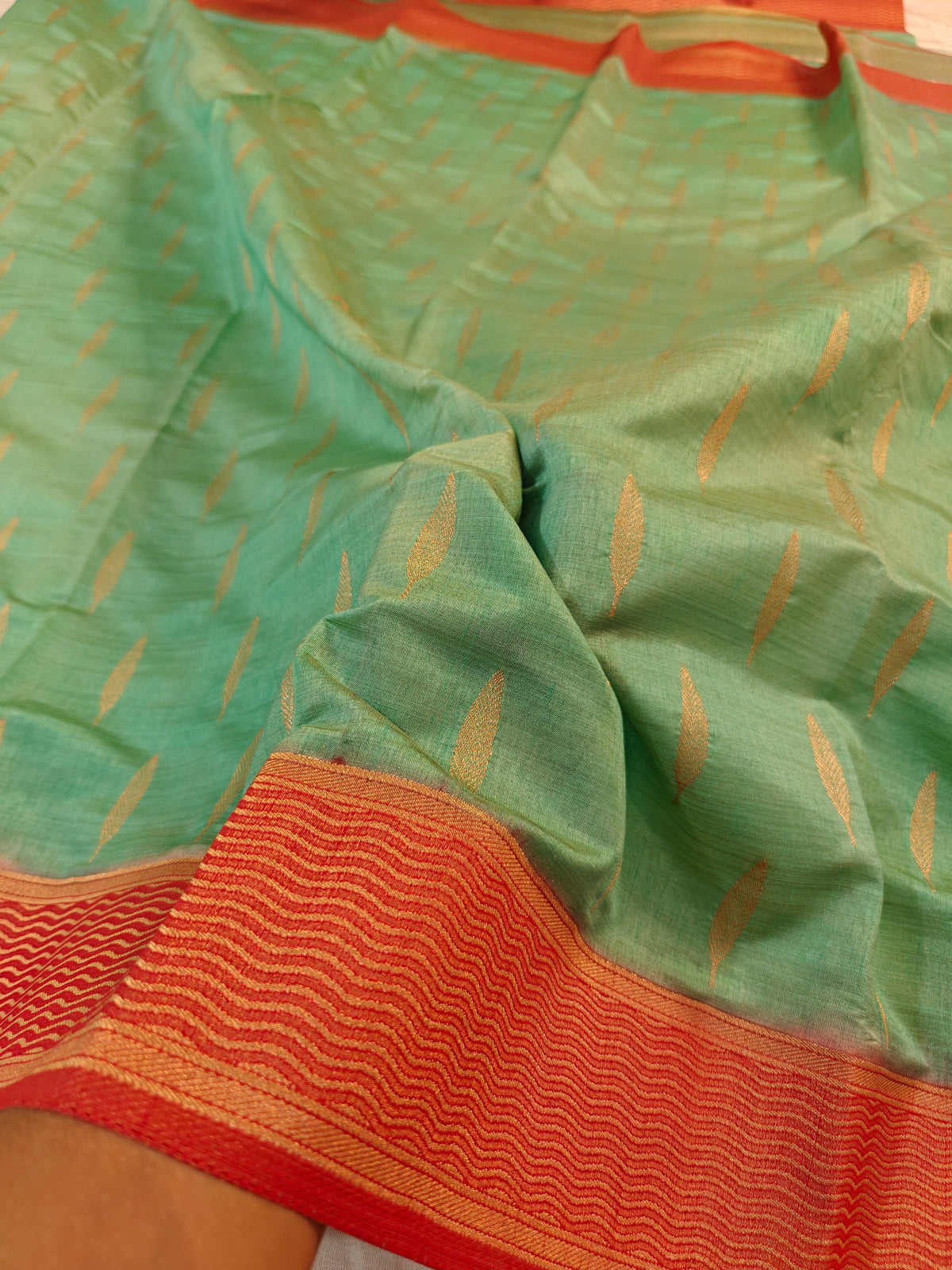 TUSSAR SILK MINT SEA-GREEN WITH GOLDEN ZARI VIBRANT ORANGE BORDER