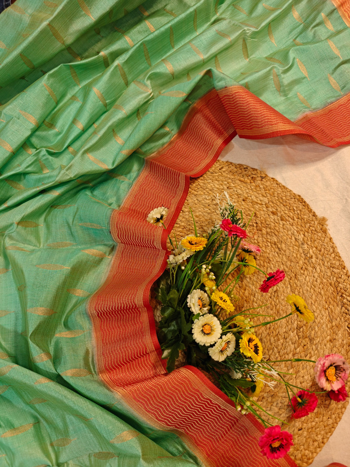 TUSSAR SILK MINT SEA-GREEN WITH GOLDEN ZARI VIBRANT ORANGE BORDER