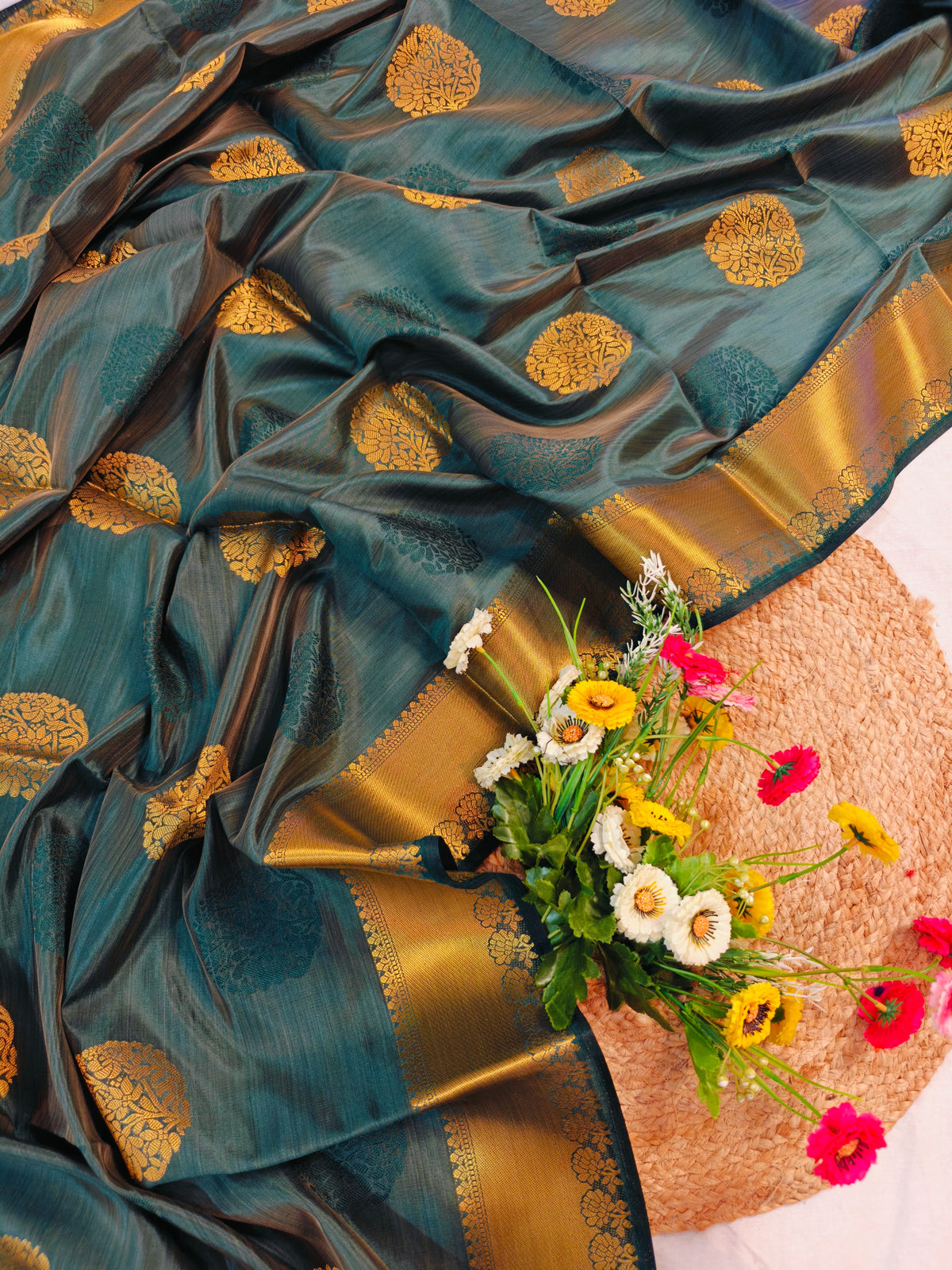 DOLA SILK PEACOCK TEAL BLUE WITH GOLDEN ZARI BORDER