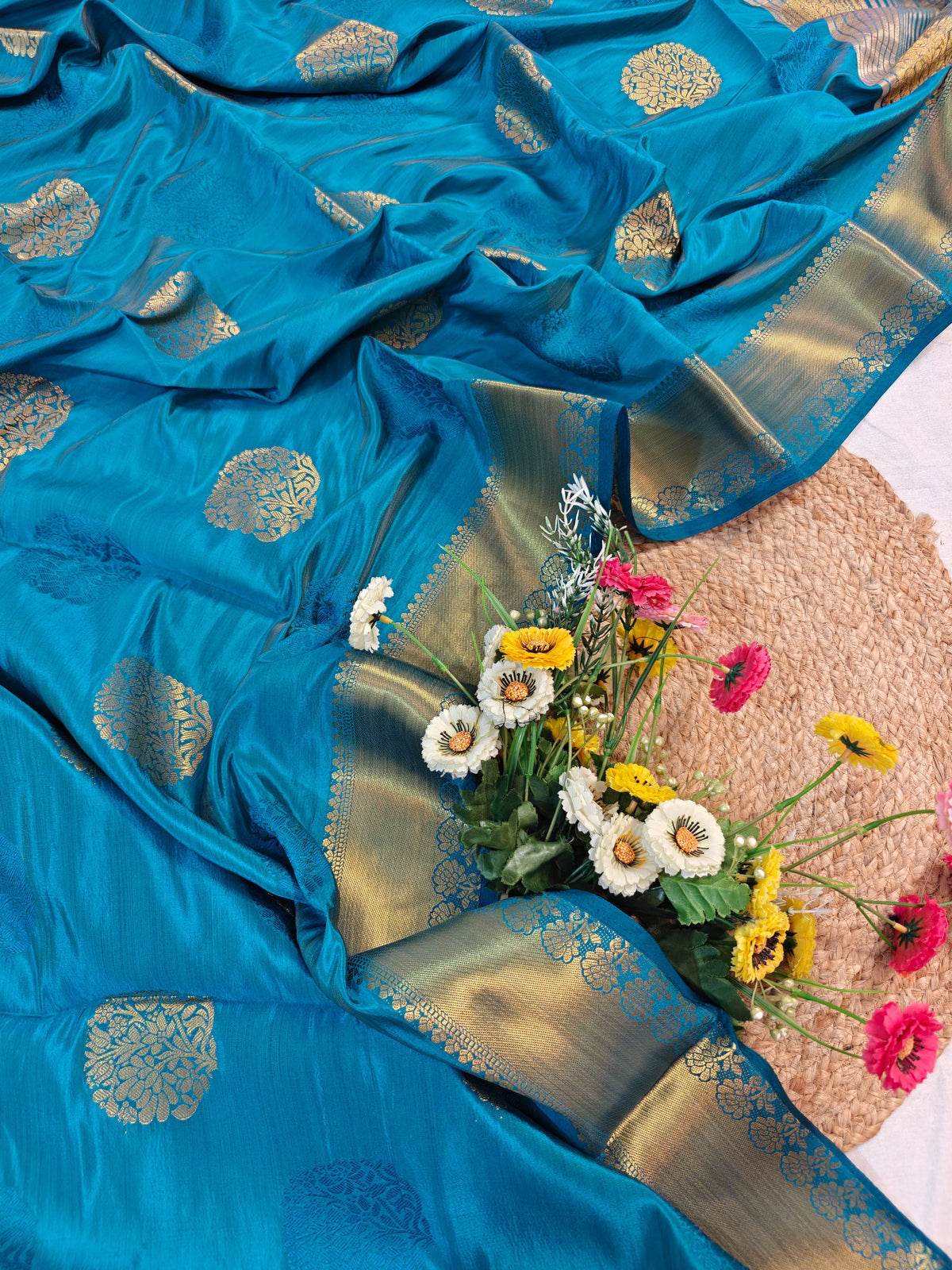 DOLA SILK PEACOCK BLUE WITH GOLDEN ZARI BORDER