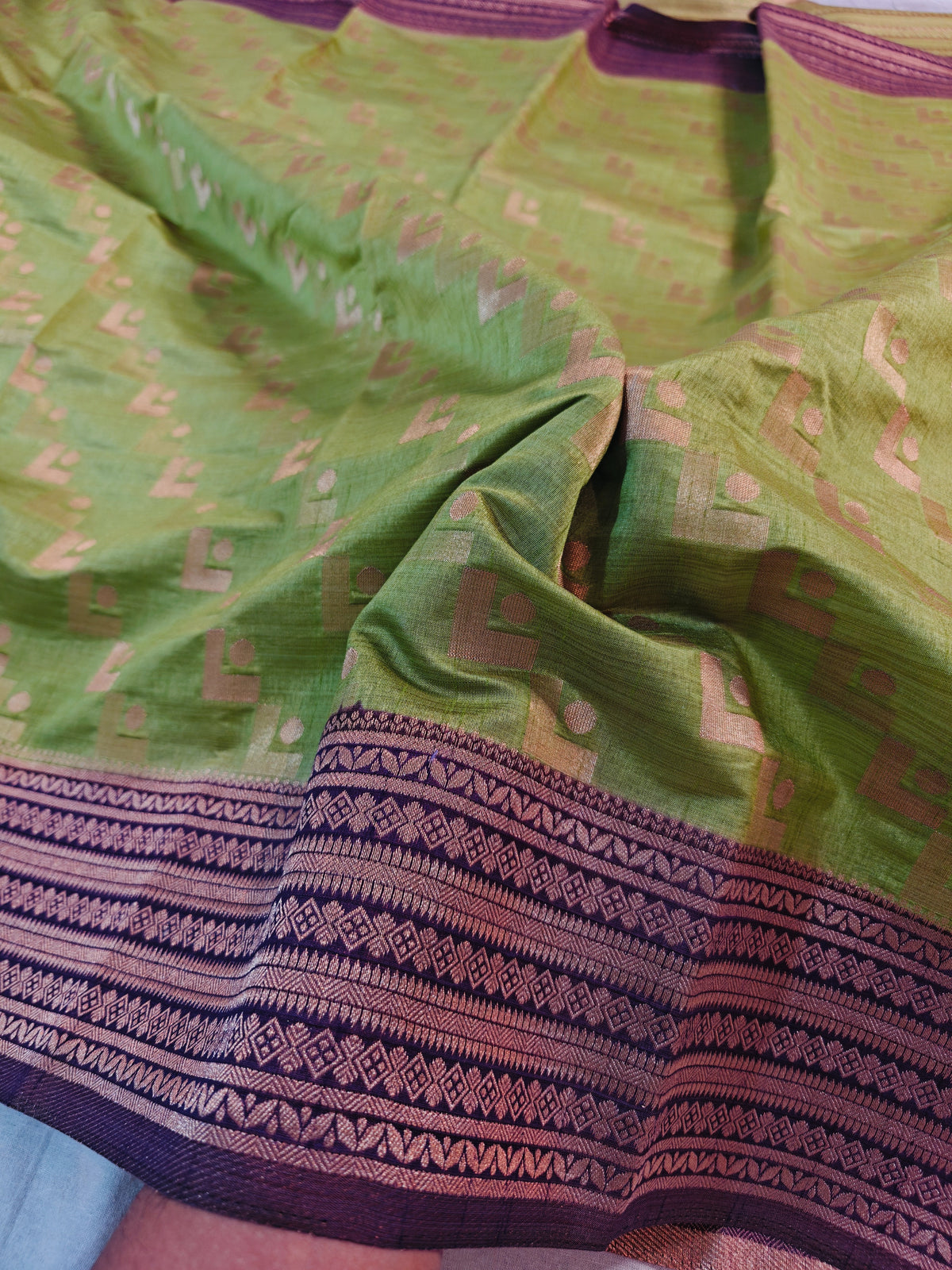 TUSSSAR SILK SEA GREEN WITH GOLDEN BUTI WEAVING BORDER