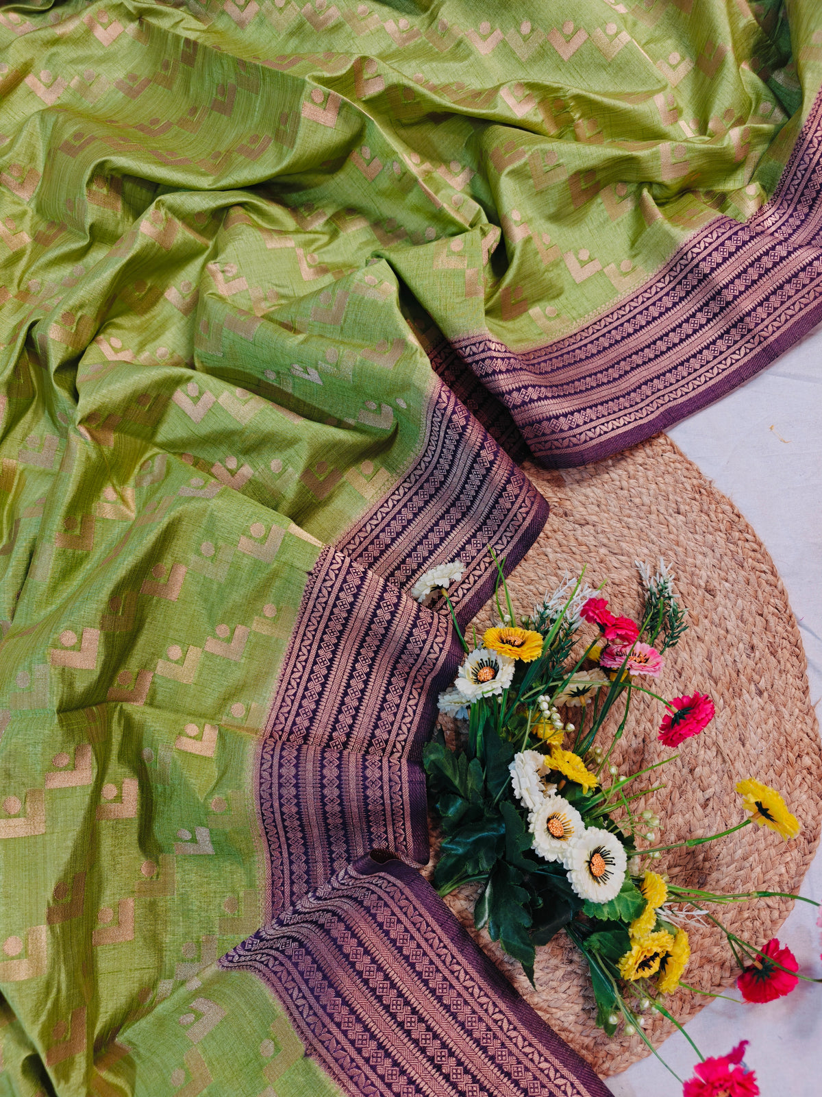 TUSSSAR SILK SEA GREEN WITH GOLDEN BUTI WEAVING BORDER