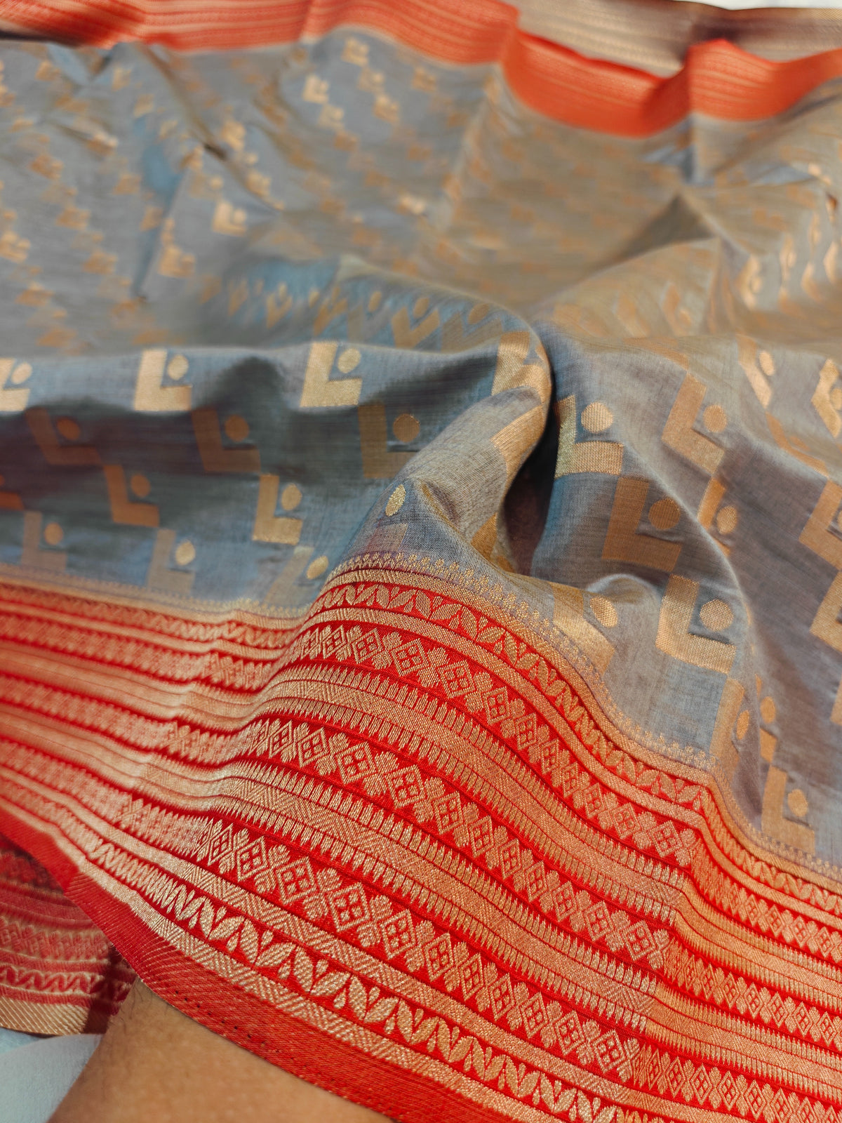 TUSSAR SILK GRAY PAIRED WITH GOLDEN ZARI CORAL-RED BORDER