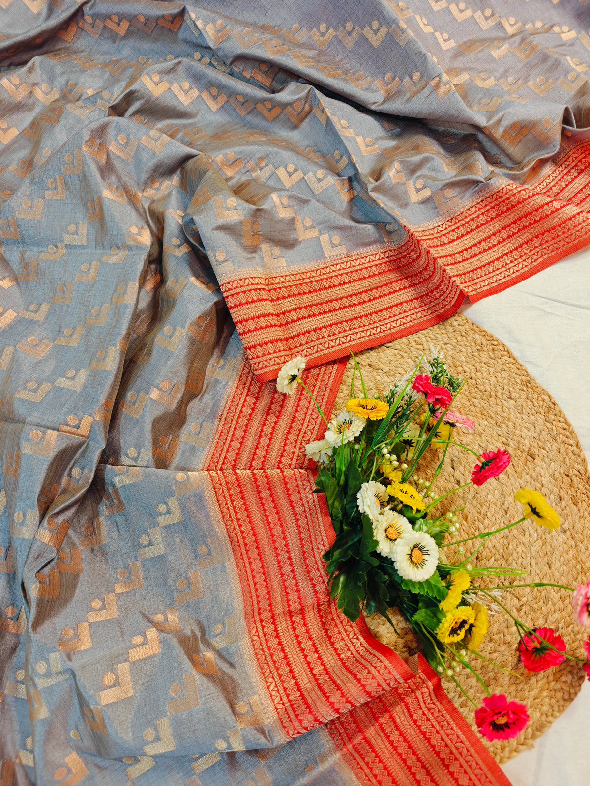 TUSSAR SILK GRAY PAIRED WITH GOLDEN ZARI CORAL-RED BORDER