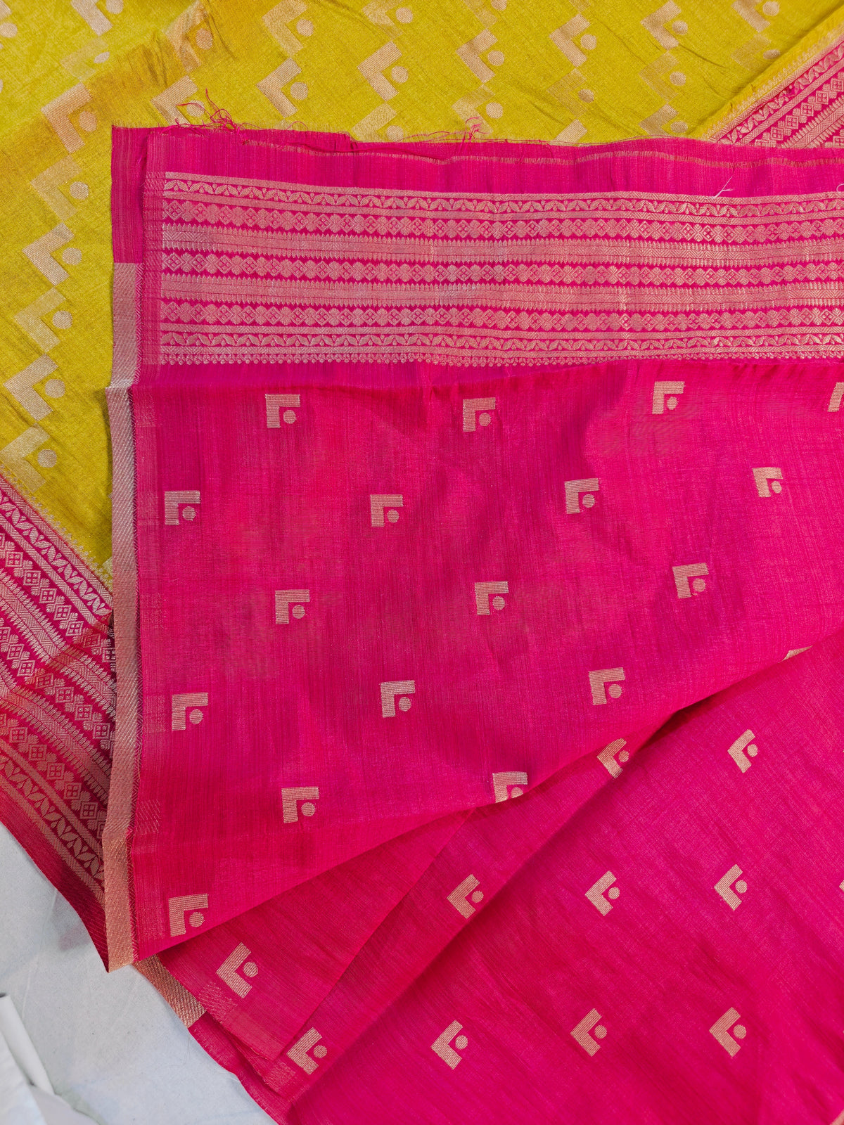 TUSSAR SILK VIBRANT SUNNY YELLOW WITH GOLDEN ZARI RICH PINK BORDER