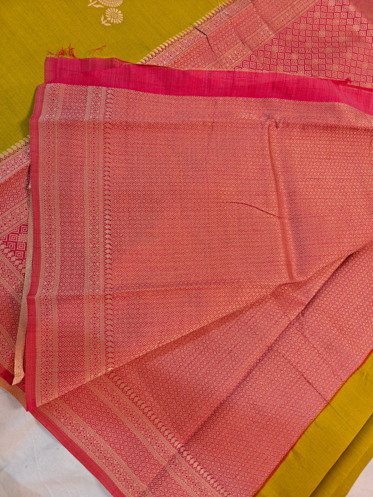 TUSSAR SILK VIBRANT MUSTARD OLIVE-YELLOW WITH SOFT PINK BORDER