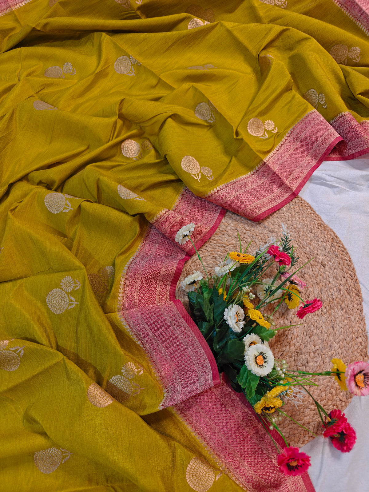 TUSSAR SILK VIBRANT MUSTARD OLIVE-YELLOW WITH SOFT PINK BORDER