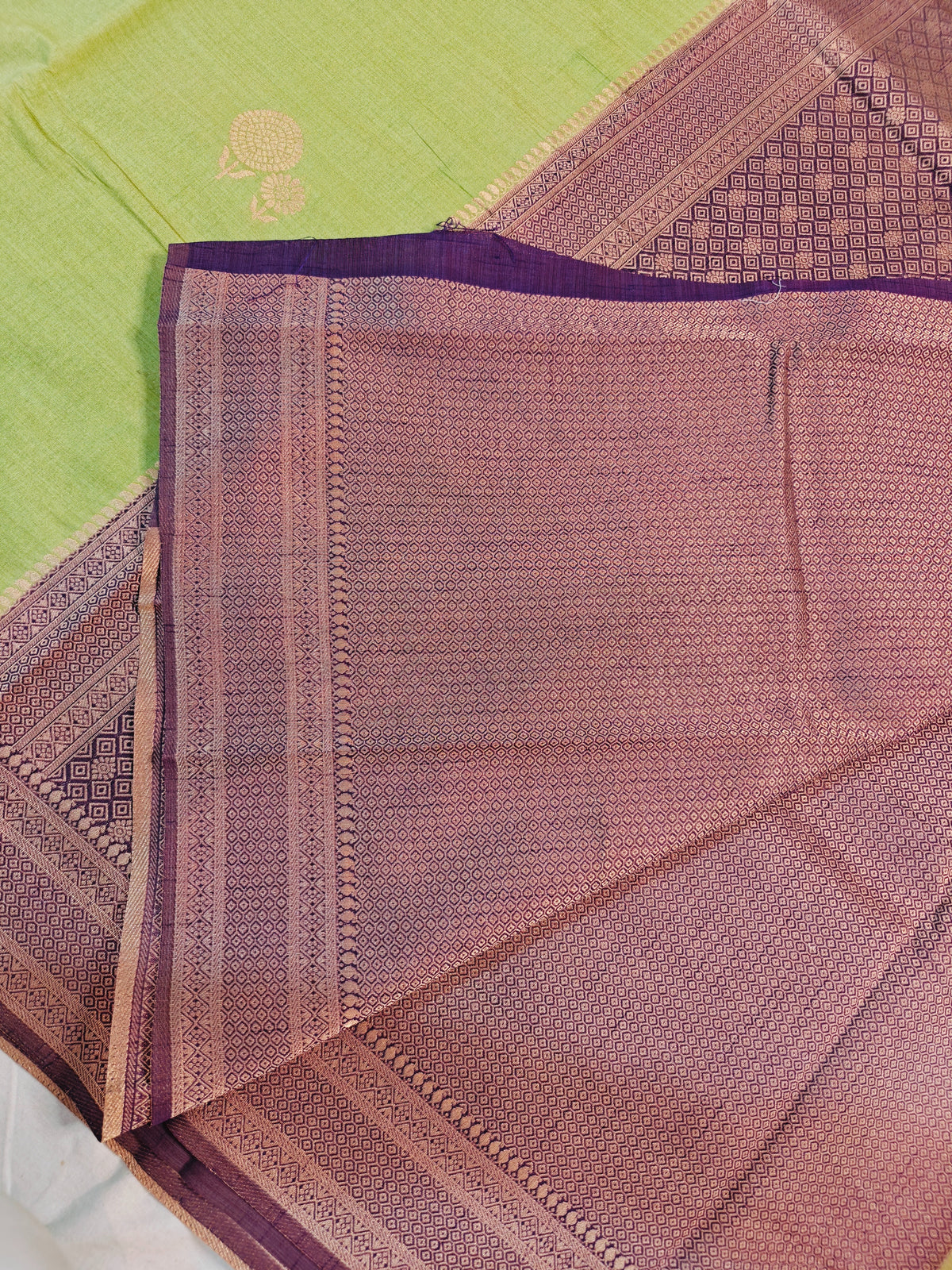TUSSAR SILK PARROT LIME-GREEN WITH GOLDEN ZARI DARK WINE-PURPLE BORDER