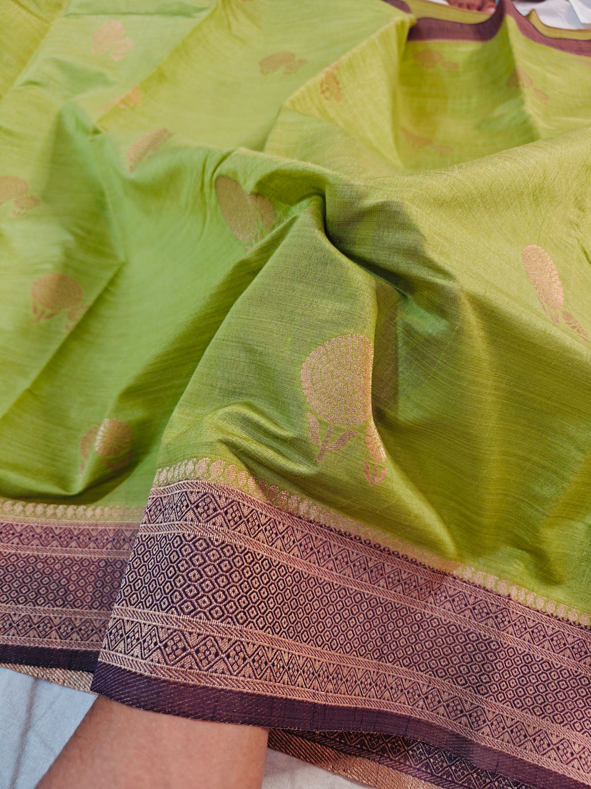 TUSSAR SILK PARROT LIME-GREEN WITH GOLDEN ZARI DARK WINE-PURPLE BORDER