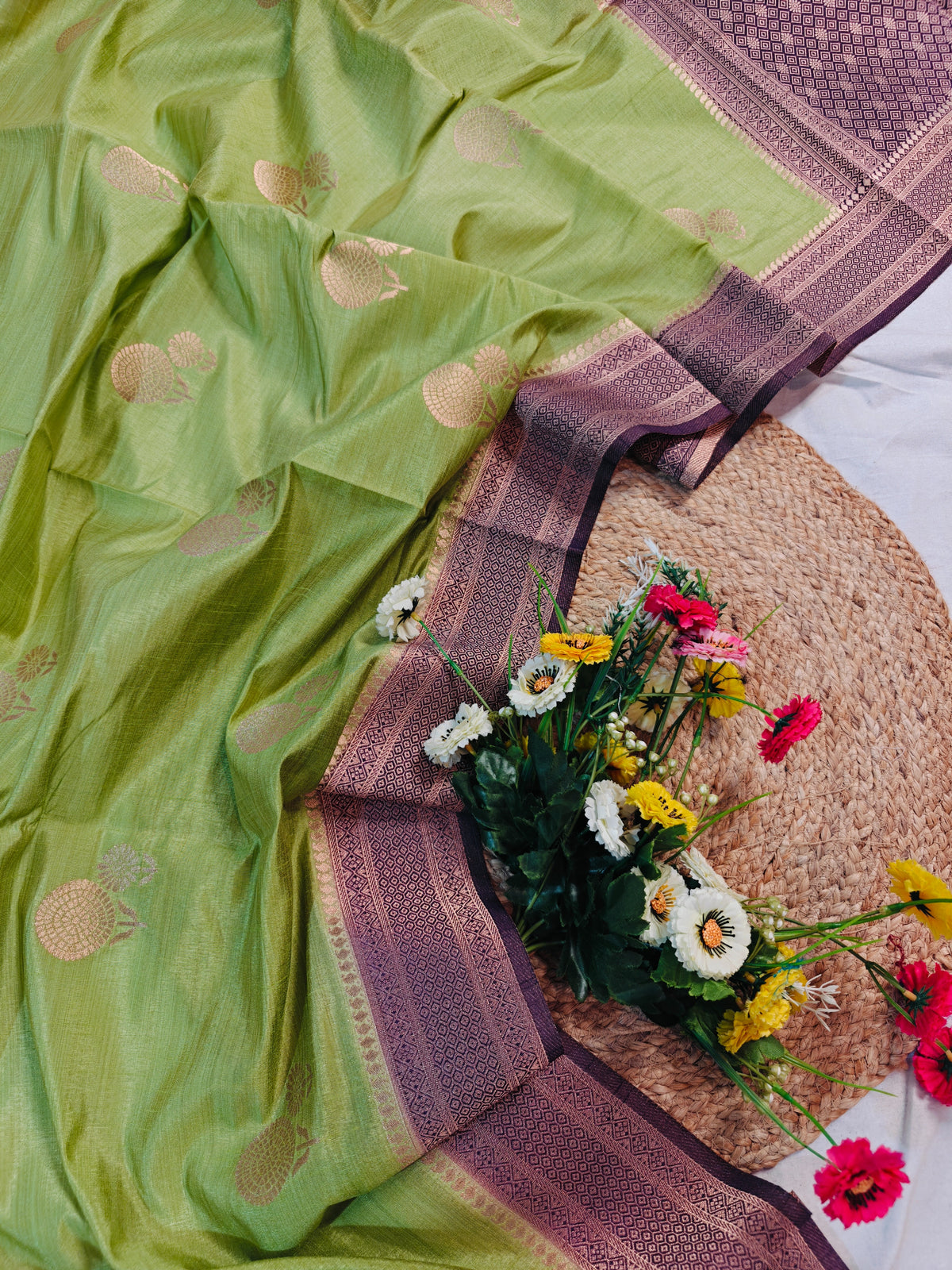 TUSSAR SILK PARROT LIME-GREEN WITH GOLDEN ZARI DARK WINE-PURPLE BORDER