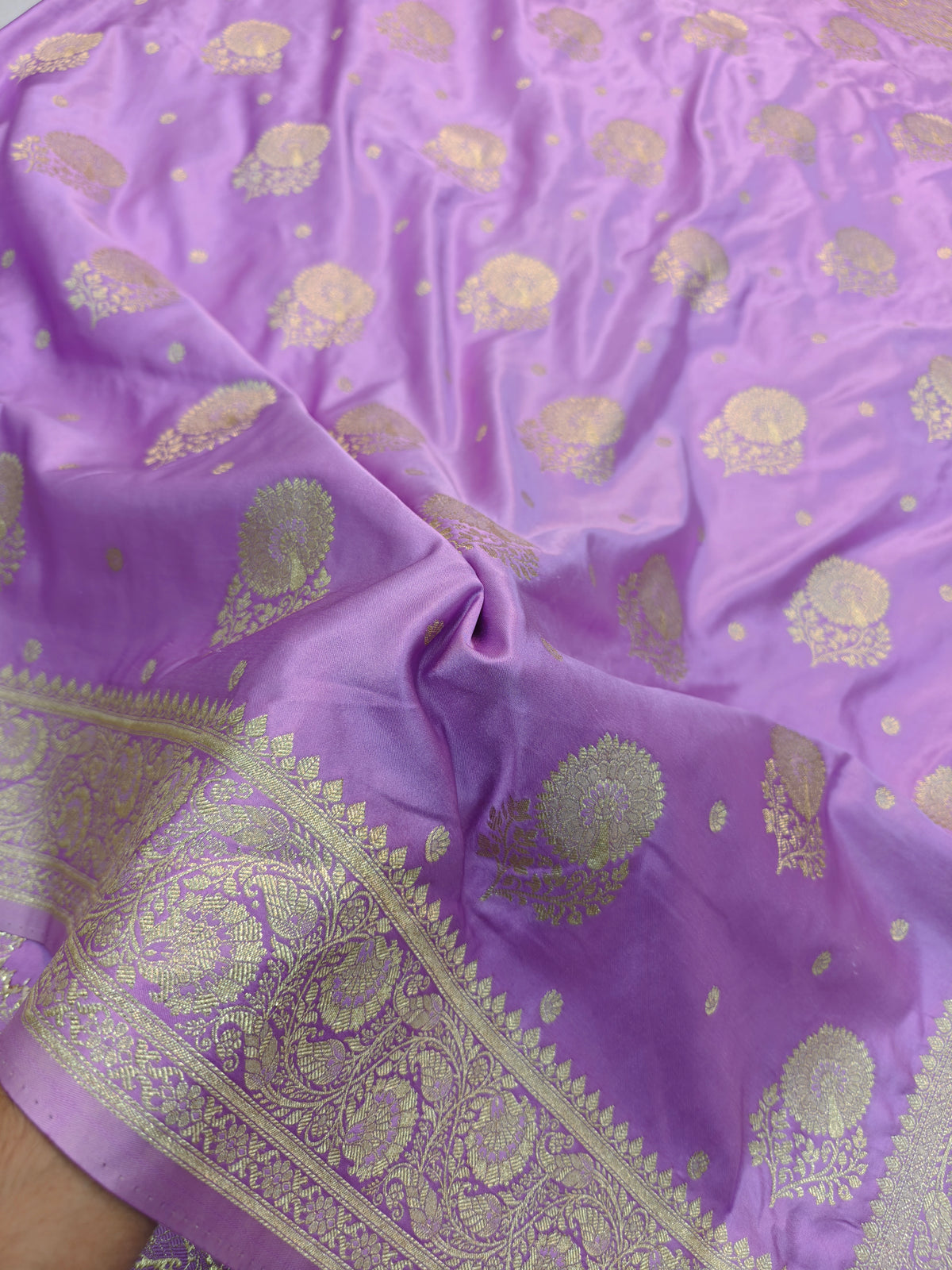 MASHRU KATAN LIGHT PURPLE WITH GOLDEN ZARI BORDER
