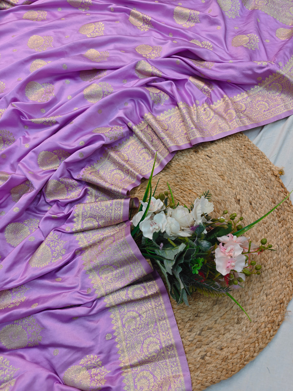 MASHRU KATAN LIGHT PURPLE WITH GOLDEN ZARI BORDER