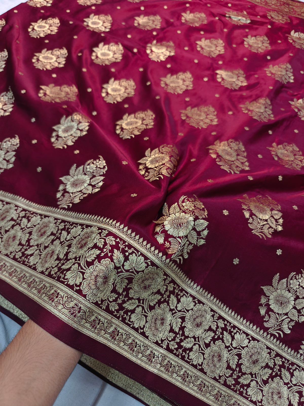 MASHRU KATAN DEEP MAROON WITH GOLDEN ZARI BORDER