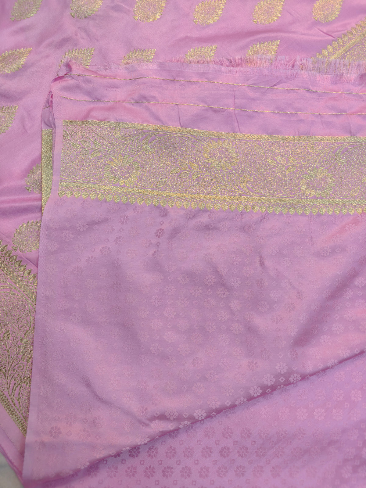 MASHRU KATAN BABY PINK WITH GOLDEN ZARI BORDER