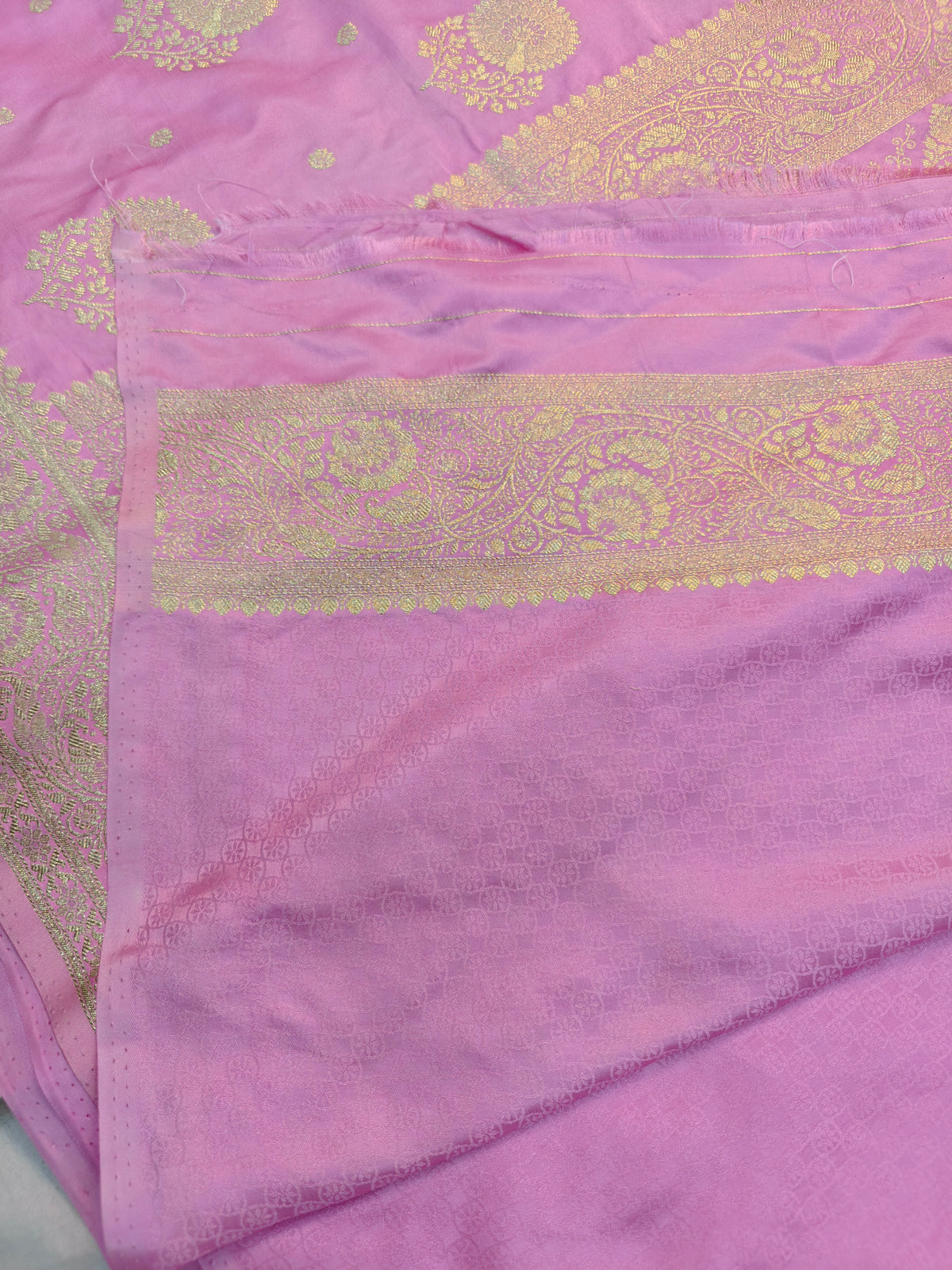 MASHRU KATAN LIGHT PINK WITH GOLDEN ZARI BORDER