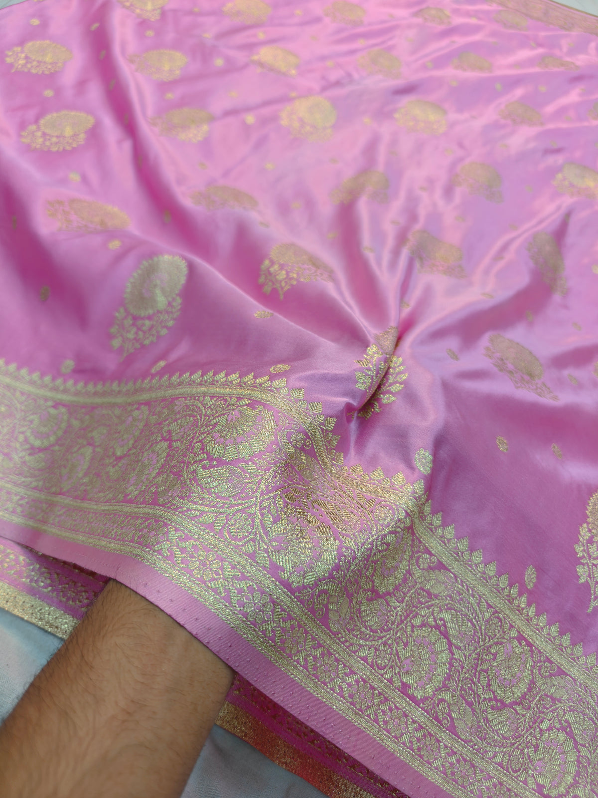MASHRU KATAN LIGHT PINK WITH GOLDEN ZARI BORDER