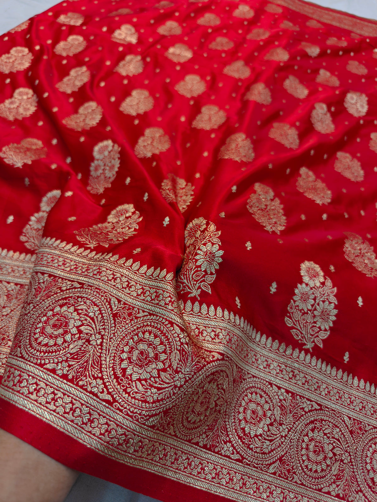 MASHRU KATAN CHERRY RED WITH GOLDEN ZARI BORDER