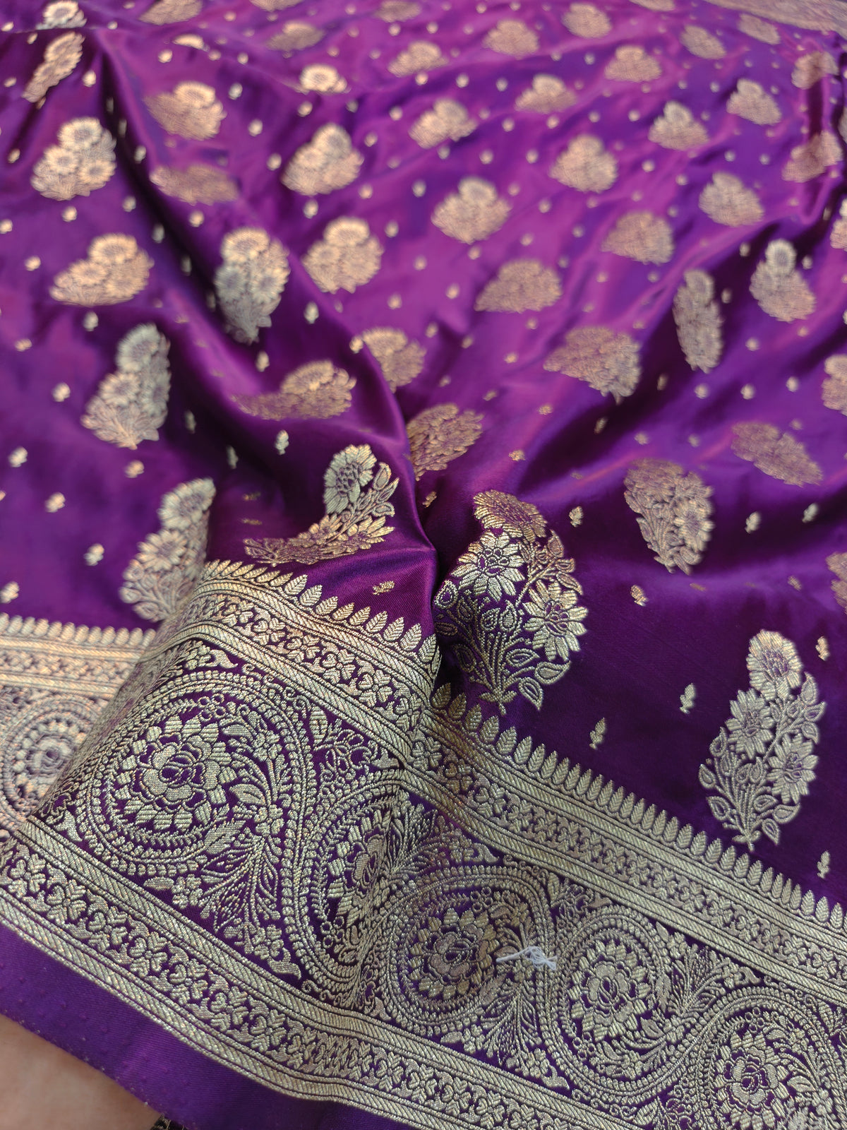 MASHRU KATAN DEEP PURPLE WITH GOLDEN ZARI BORDER