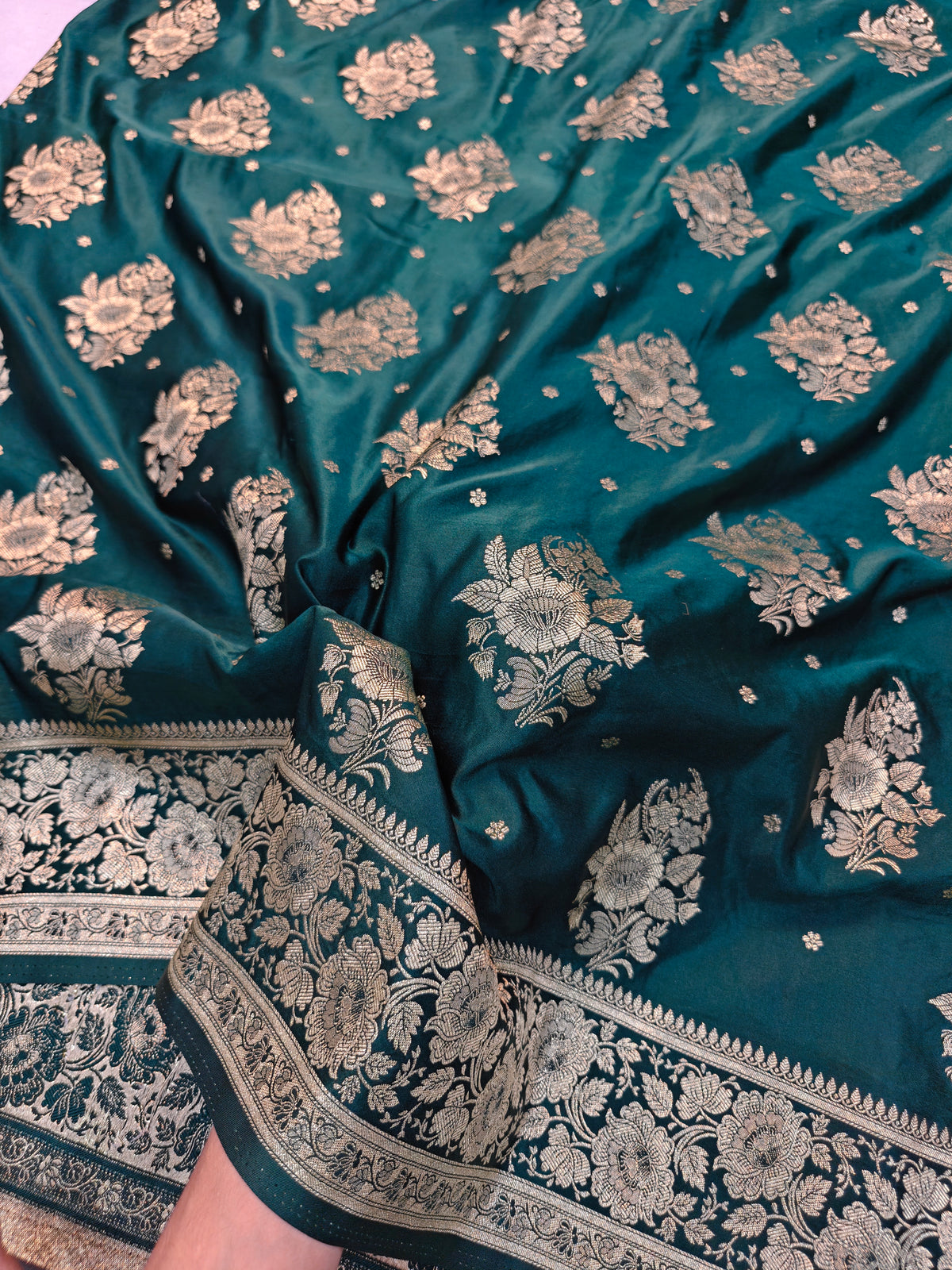 MASHRU KATAN TEAL GREEN WITH GOLDEN ZARI BORDER