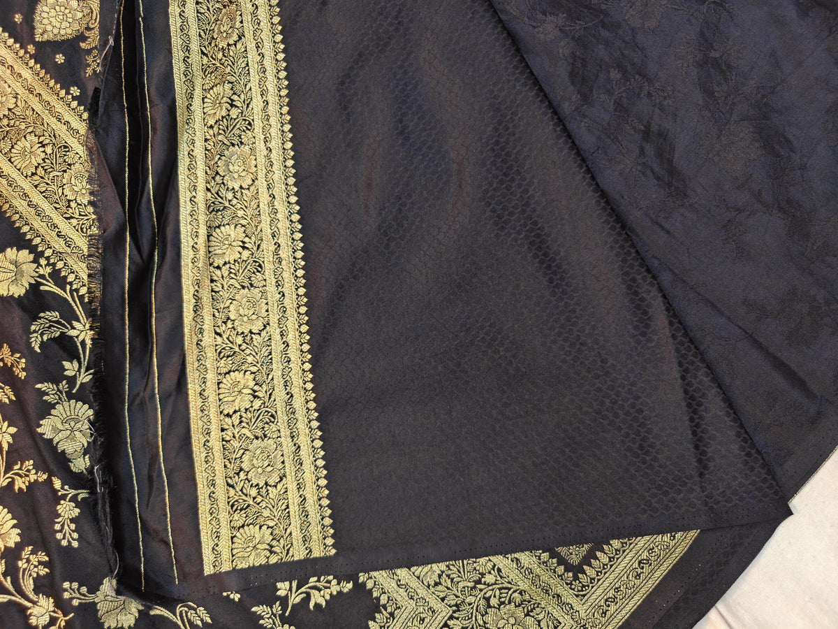 MASHRU KATAN BLACK WITH GOLDEN ZARI BORDER