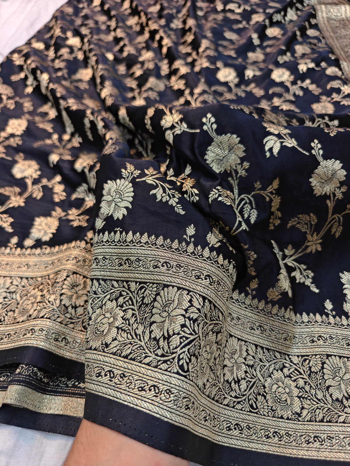 MASHRU KATAN BLACK WITH GOLDEN ZARI BORDER