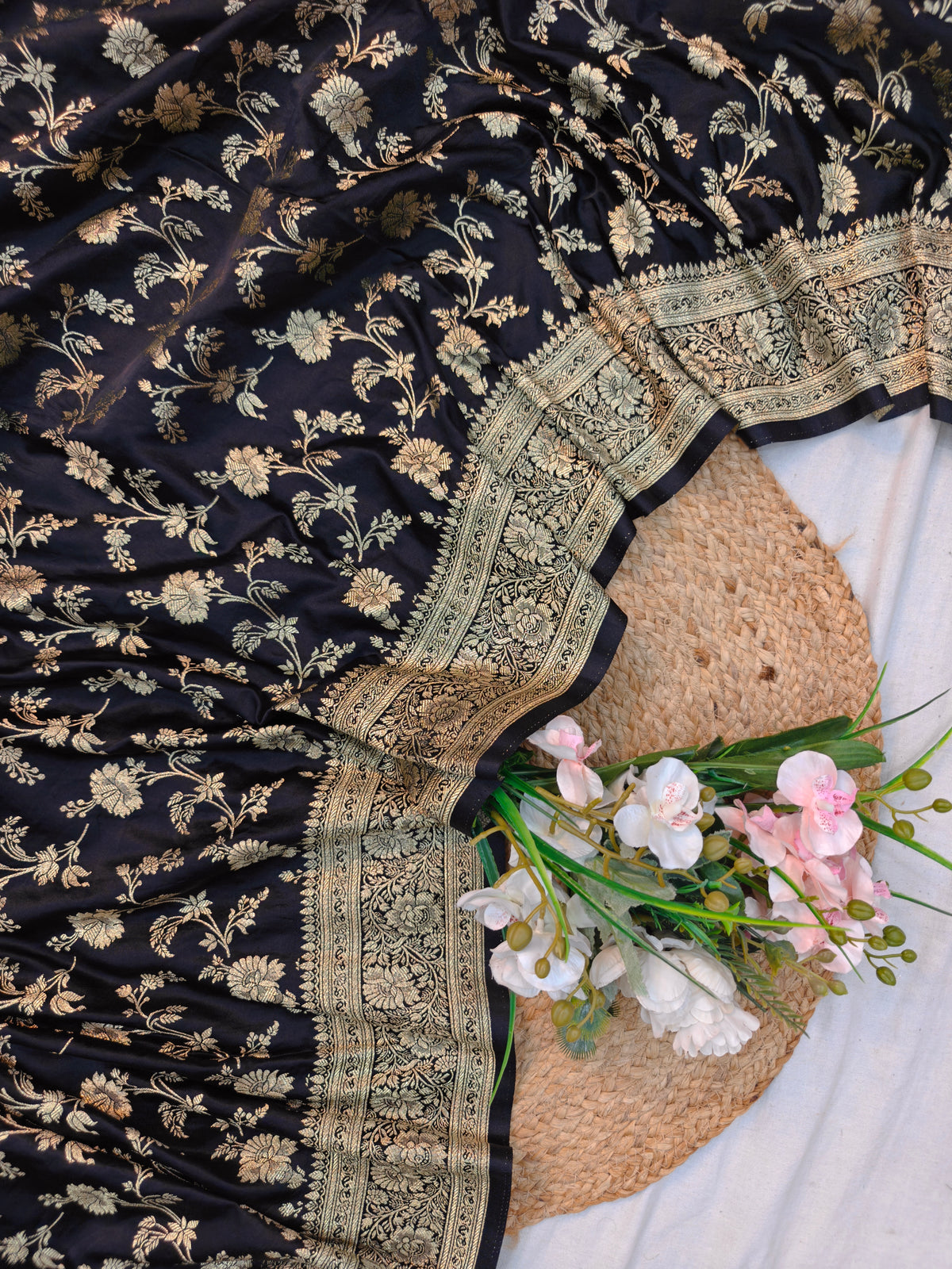 MASHRU KATAN BLACK WITH GOLDEN ZARI BORDER