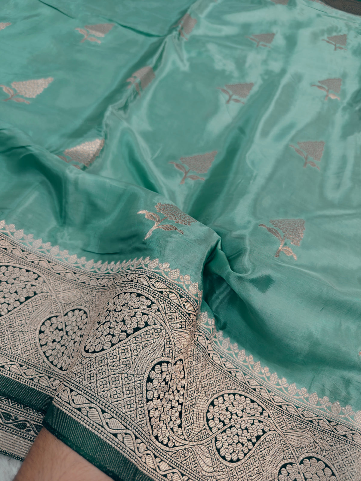 KOREAN SILK SEA GREEN WITH GOLDEN ZARI BORDER