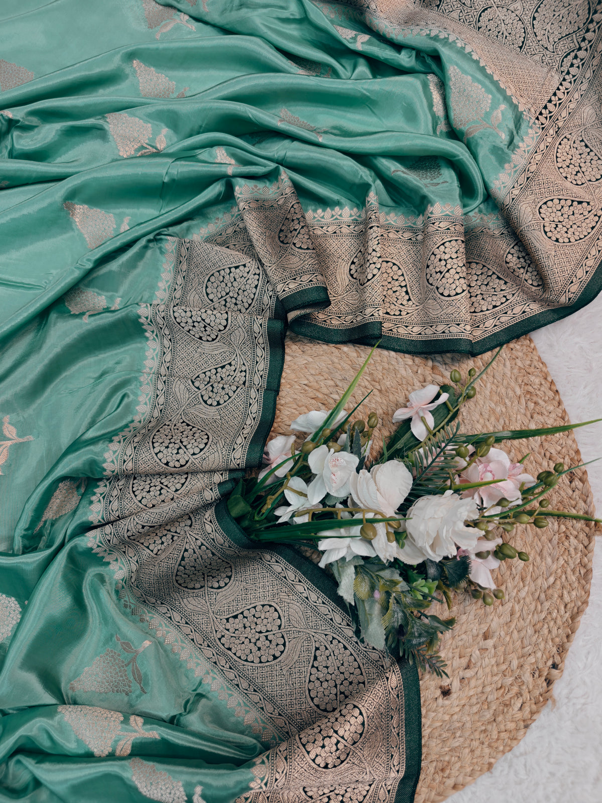 KOREAN SILK SEA GREEN WITH GOLDEN ZARI BORDER
