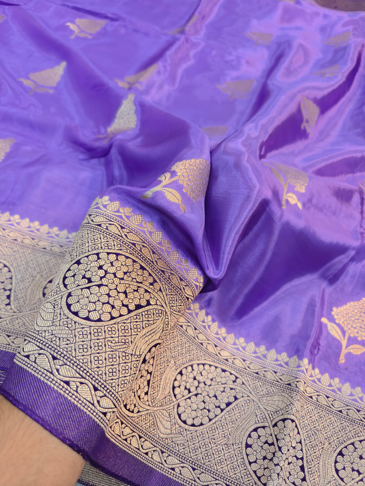 KOREAN SILK LIGHT PURPLE WITH PURPLE AND GOLDEN ZARI BORDER