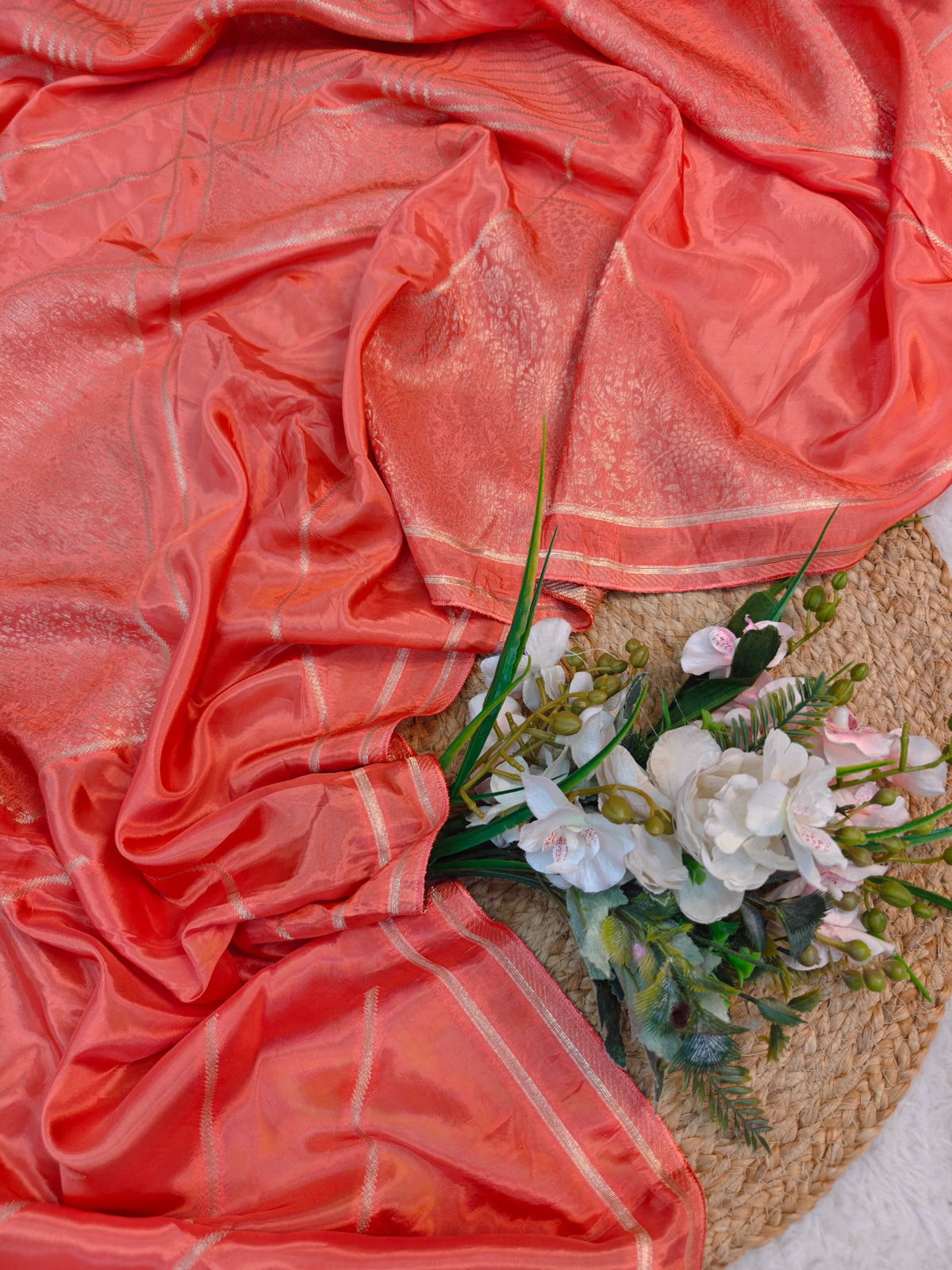 KOREAN SILK PEACH WITH GOLDEN ZARI BORDER