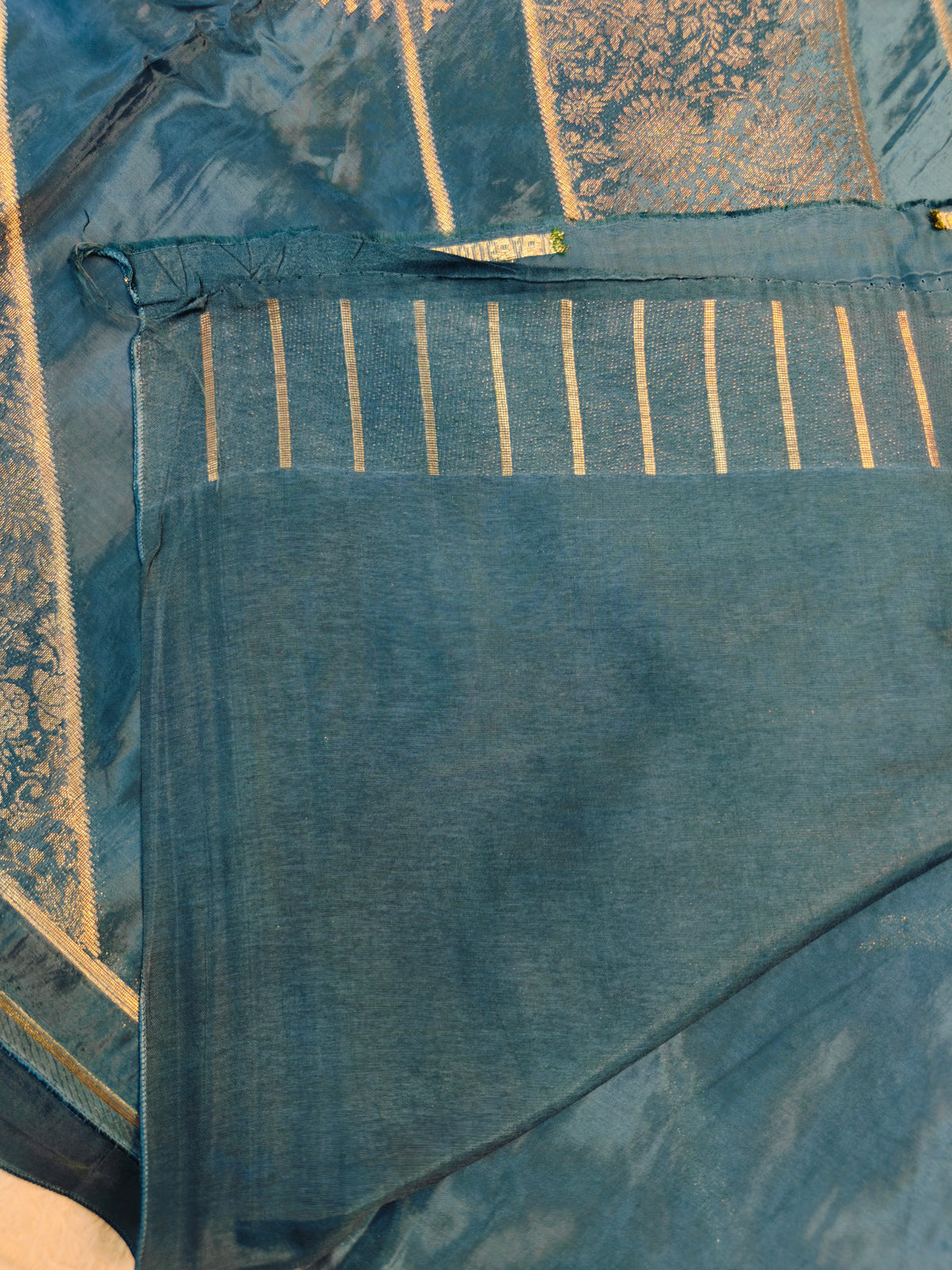 KOREAN SILK GERMAN BLUE WITH GOLDEN ZARI BORDER