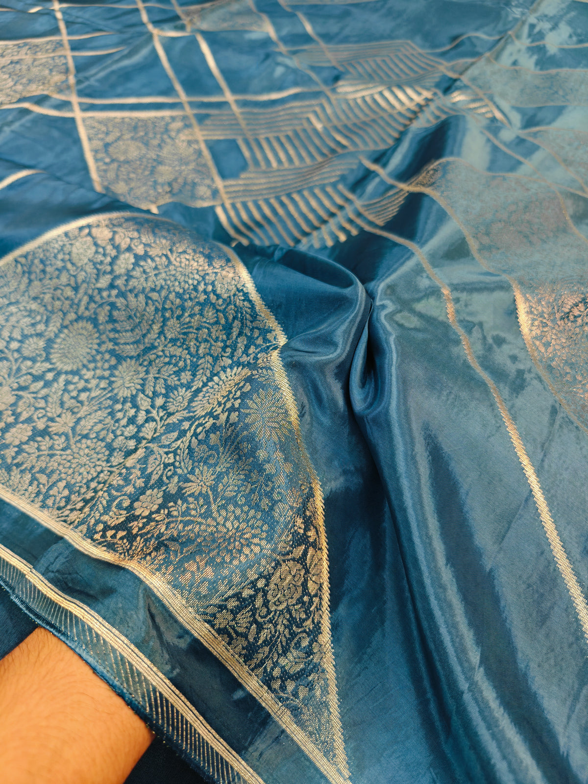 KOREAN SILK GERMAN BLUE WITH GOLDEN ZARI BORDER