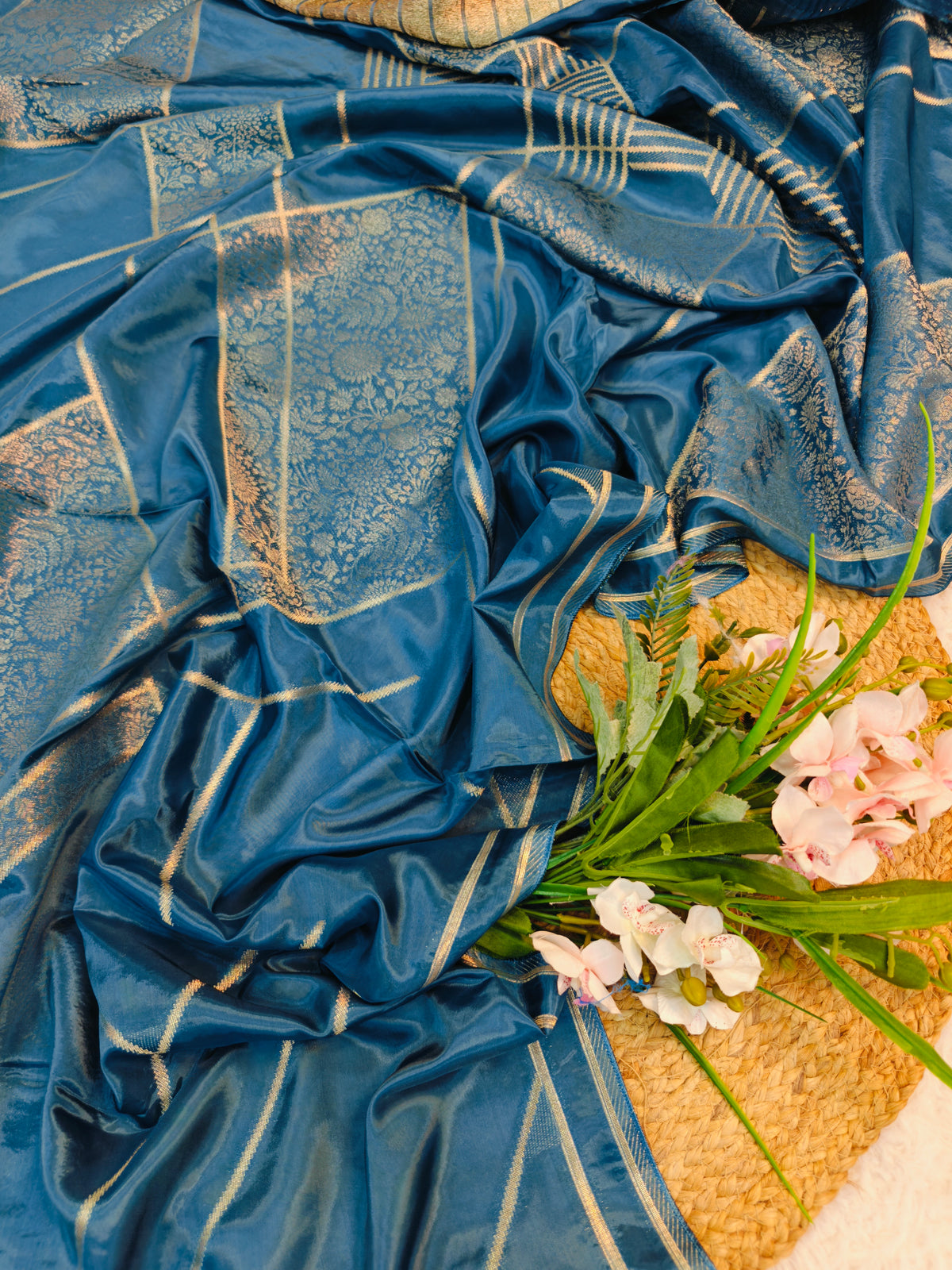 KOREAN SILK GERMAN BLUE WITH GOLDEN ZARI BORDER