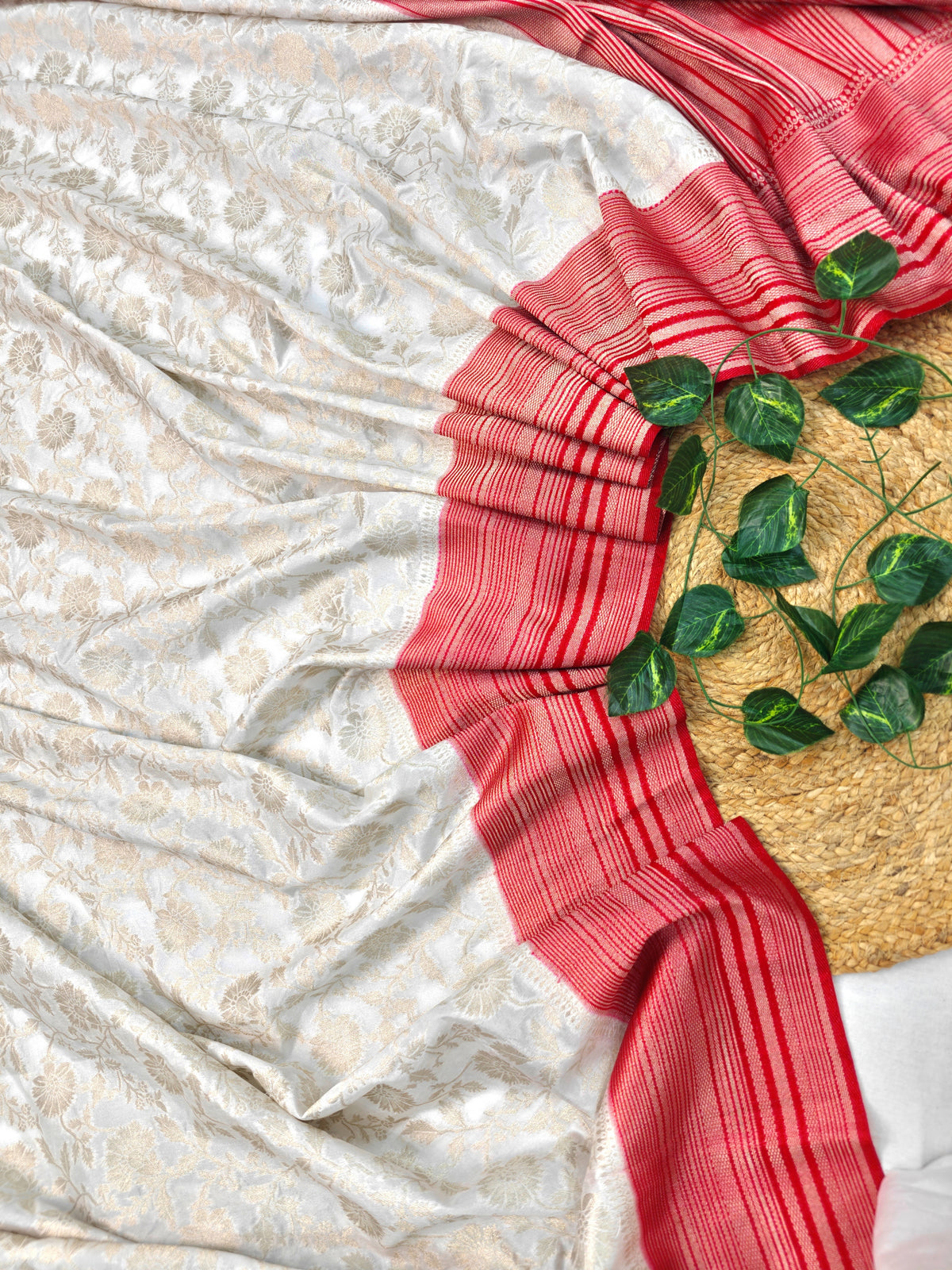 RAW SILK SAREE WHITE AND GOLDEN ZARI WORK WITH CHERRY RED BORDER