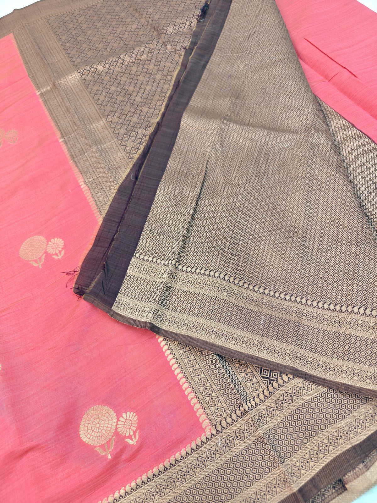 TUSSAR SILK BABY PINK ZARI WORK WITH COCOA BROWN BORDER