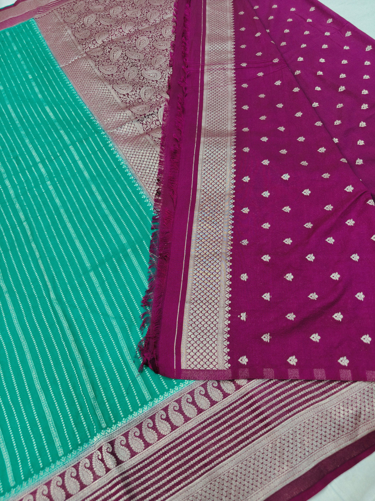 CREEPE GEORGETTE PINE GREEN AND ZARI WORK WITH MAROON BORDER